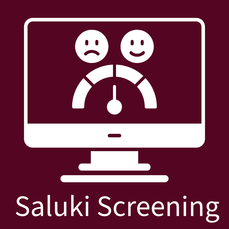 Saluki Screening icon showing a computer monitor with a satisfaction gauge and happy and sad faces.